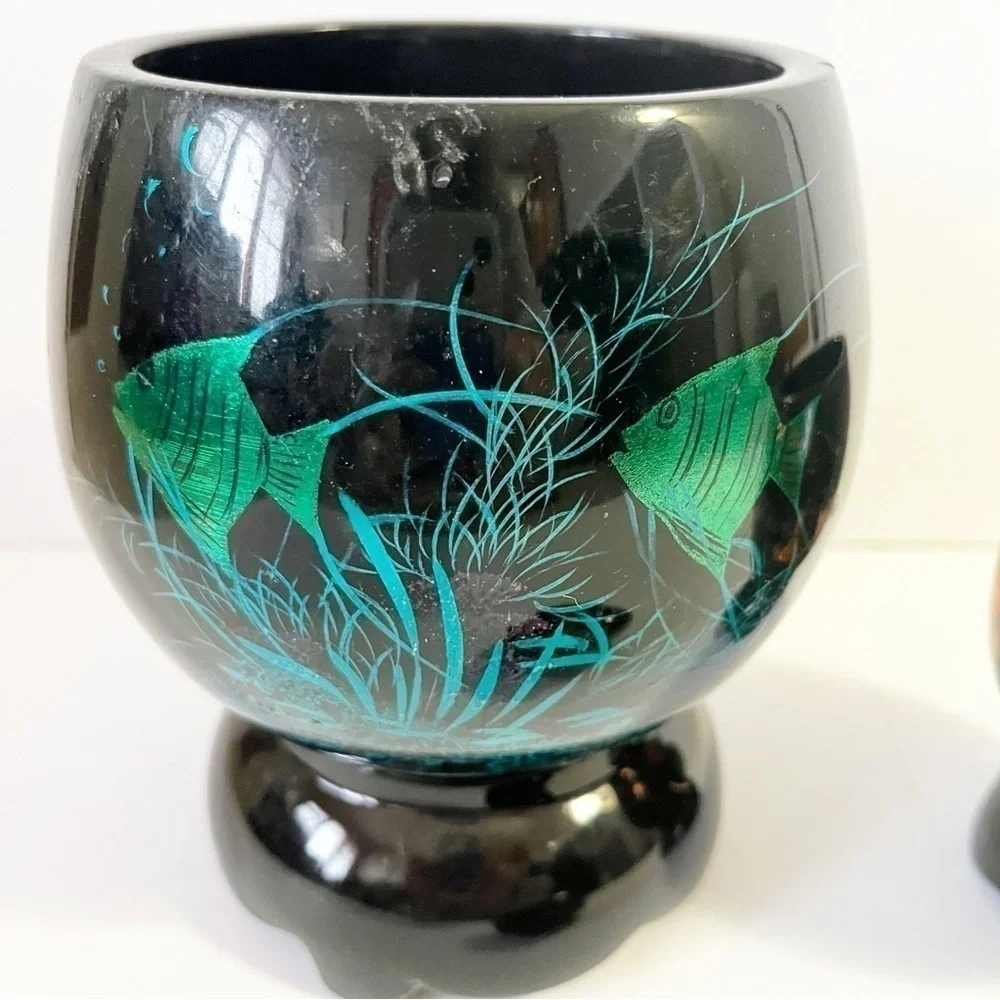Black Lacquer Footed Wooden Bowl Boat Koi Iridescent Blue Paperweight Vietnam 3x